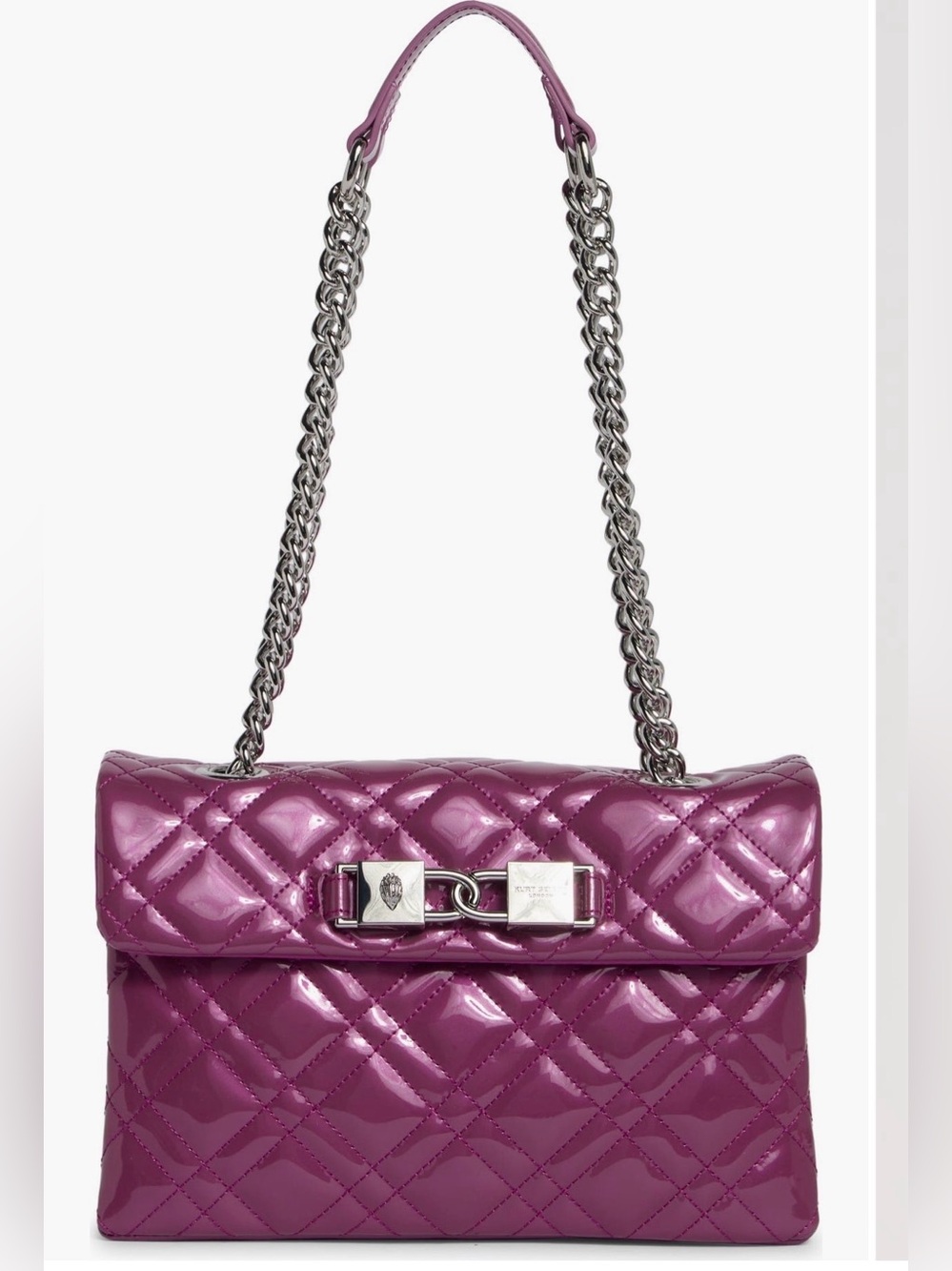 Kurt Geiger Quilted Patent Shoulder Bag in Magenta with Silver Chain